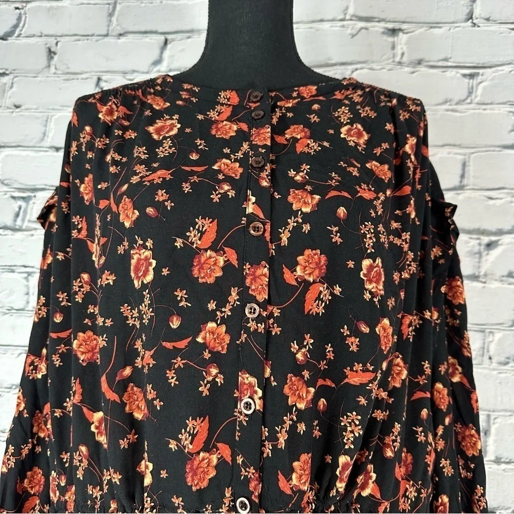 Free People Women’s Flower Fields Black Mini Dress Medium Fall Floral Oversized